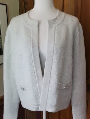 Ann Taylor Silver Shimmer Pearl Embellished Open-Front Heavy Cardigan